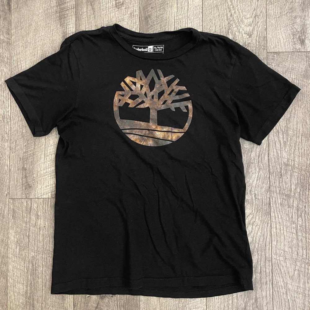 Timberland Boys XL 18/20 Black Graphic T-Shirt Metallic Bronze‎ Tree Logo Tee